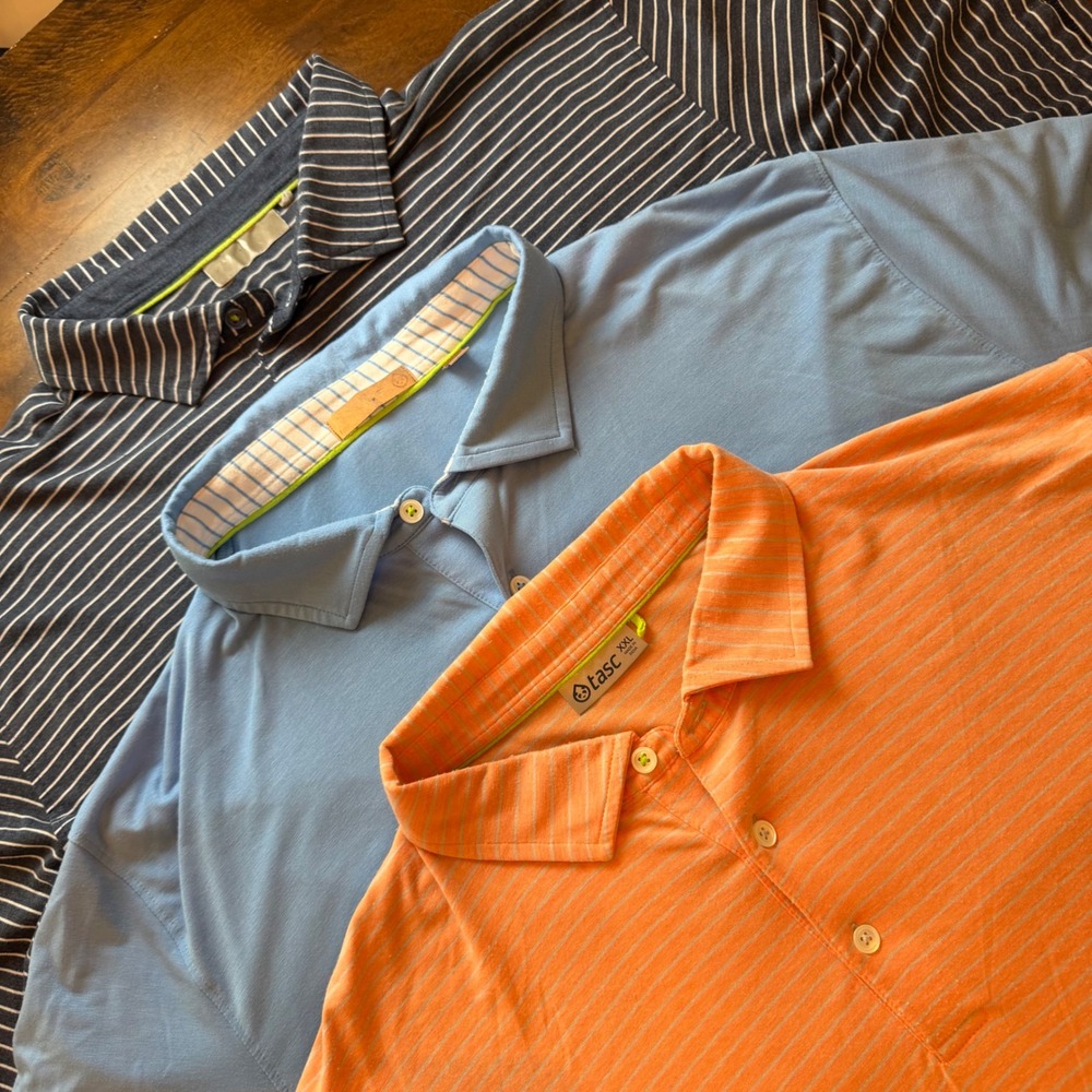 Lot of 3 Tasc Performance Mens Polo Shirts XXL Blue Orange Striped Modal Blend